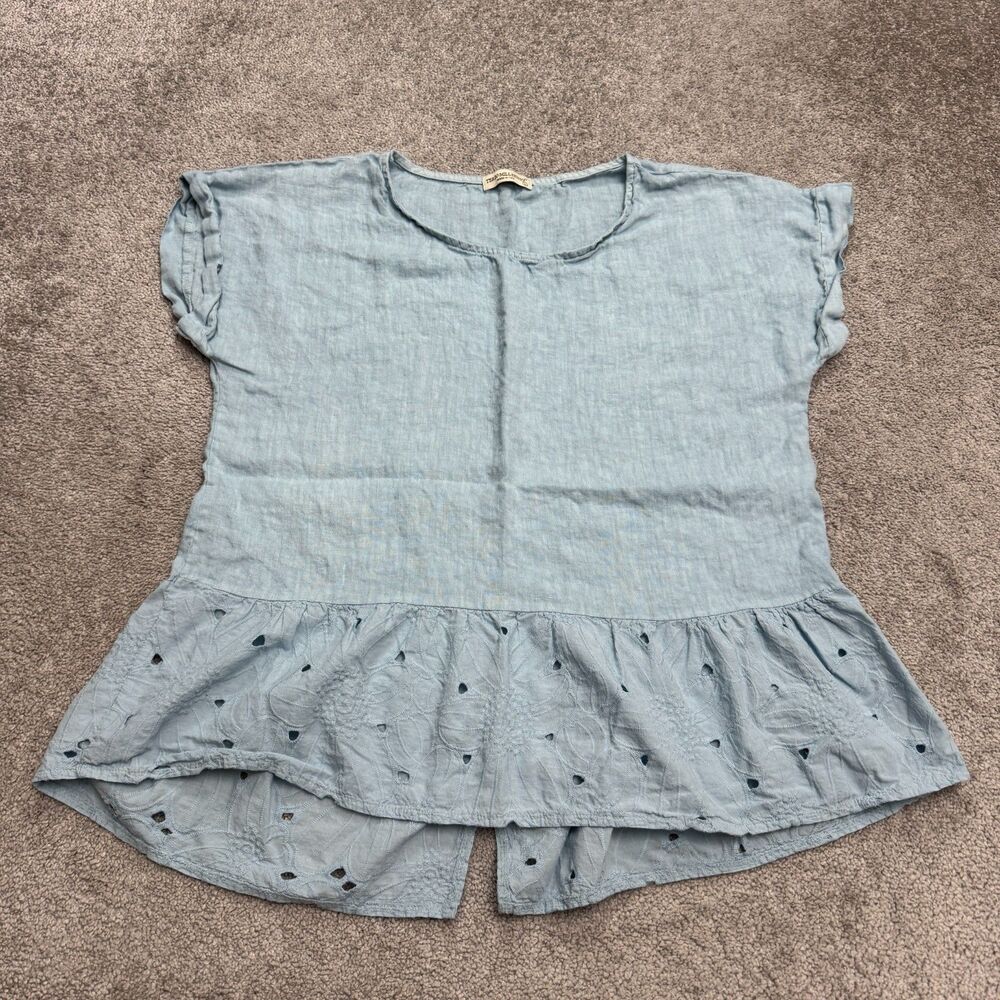 Terzo Millennio Linen Eyelet Peplum Blouse Top Womens Large Blue Casual Italy